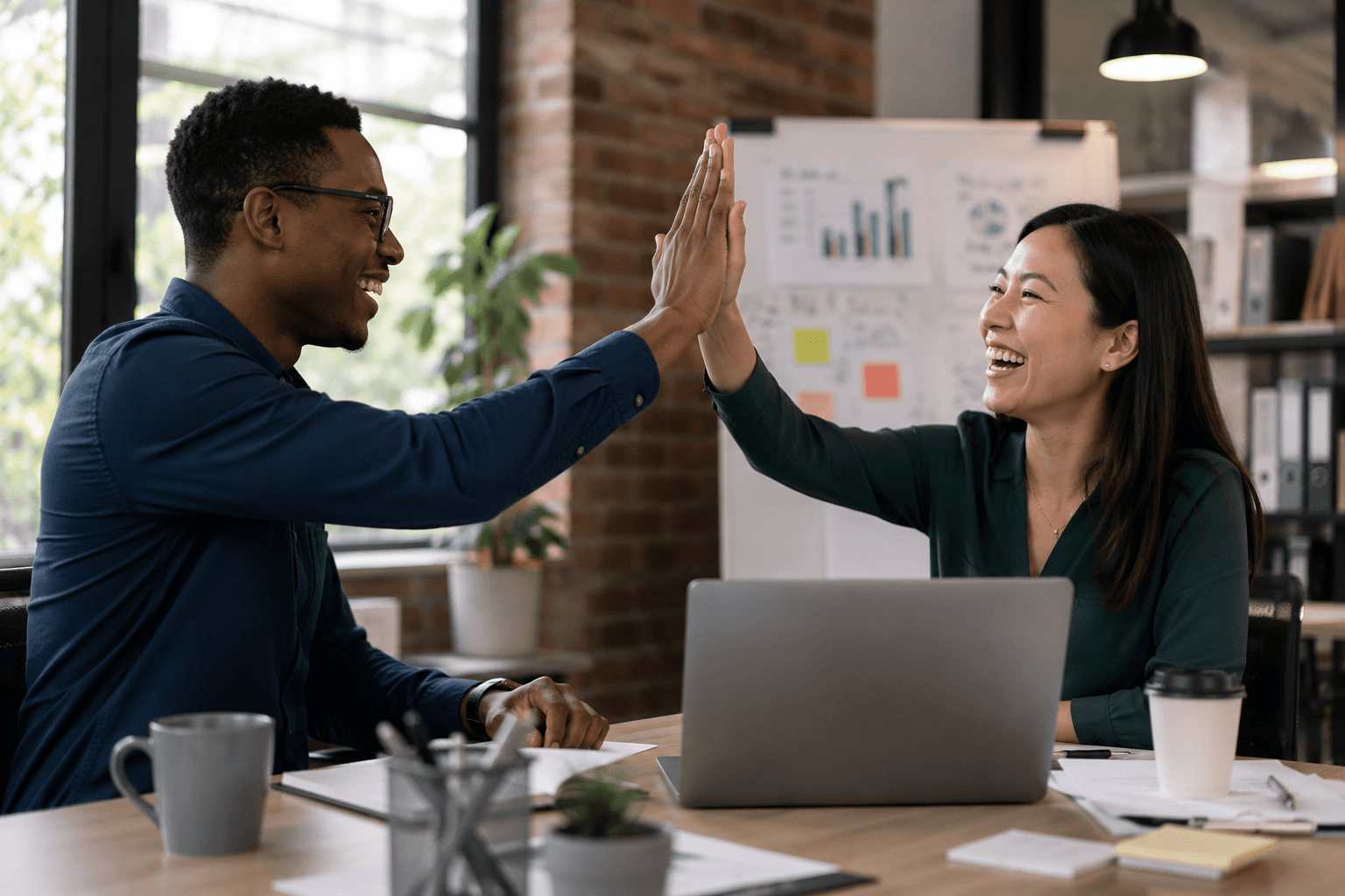 Colleagues celebrating a successful meeting with a high five